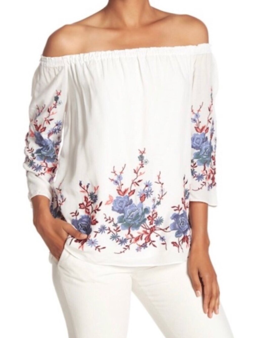 DREW Off the Shoulder Floral Pink and Blue Embroidered Top